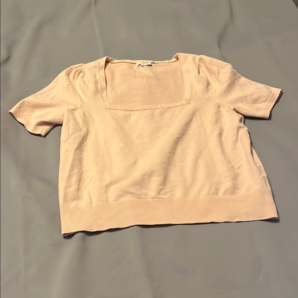 Pale Peach Puff Sleeve Square Neck Short Sleeve Cream Top